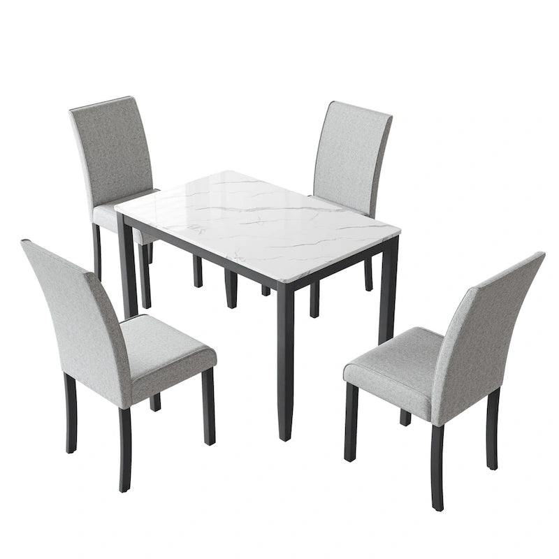 Fowey 5-piece Dining Set, Marble Sticker MDF Table and 4 Upholstered Chairs