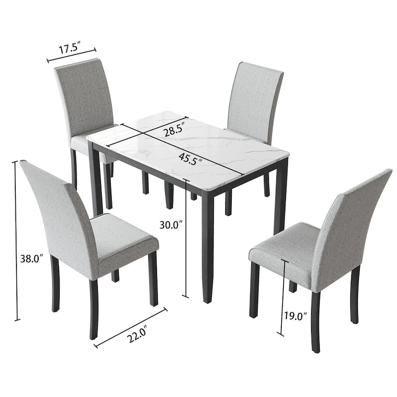 Fowey 5-piece Dining Set, Marble Sticker MDF Table and 4 Upholstered Chairs