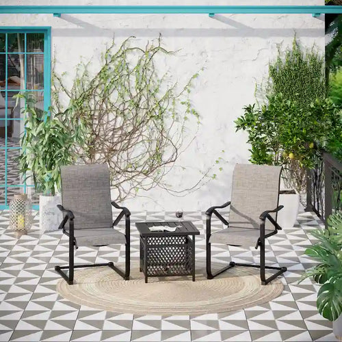 3-Piece Patio Dining Set, Side Metal Table & 2 C Spring Motion Chairs, Conversation Coffee Sets with Umbrella Hole