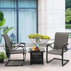 3-Piece Patio Dining Set, Side Metal Table & 2 C Spring Motion Chairs, Conversation Coffee Sets with Umbrella Hole