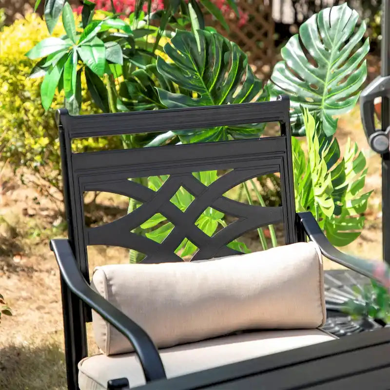 MAISON ARTS 5-Piece Outdoor Dining Set Steel Square Table & Elegant Cast Iron Pattern Dining Chairs