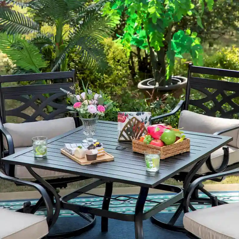 MAISON ARTS 5-Piece Outdoor Dining Set Steel Square Table & Elegant Cast Iron Pattern Dining Chairs