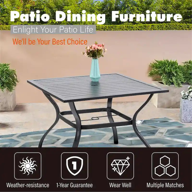 MAISON ARTS 5-Piece Outdoor Dining Set Steel Square Table & Elegant Cast Iron Pattern Dining Chairs