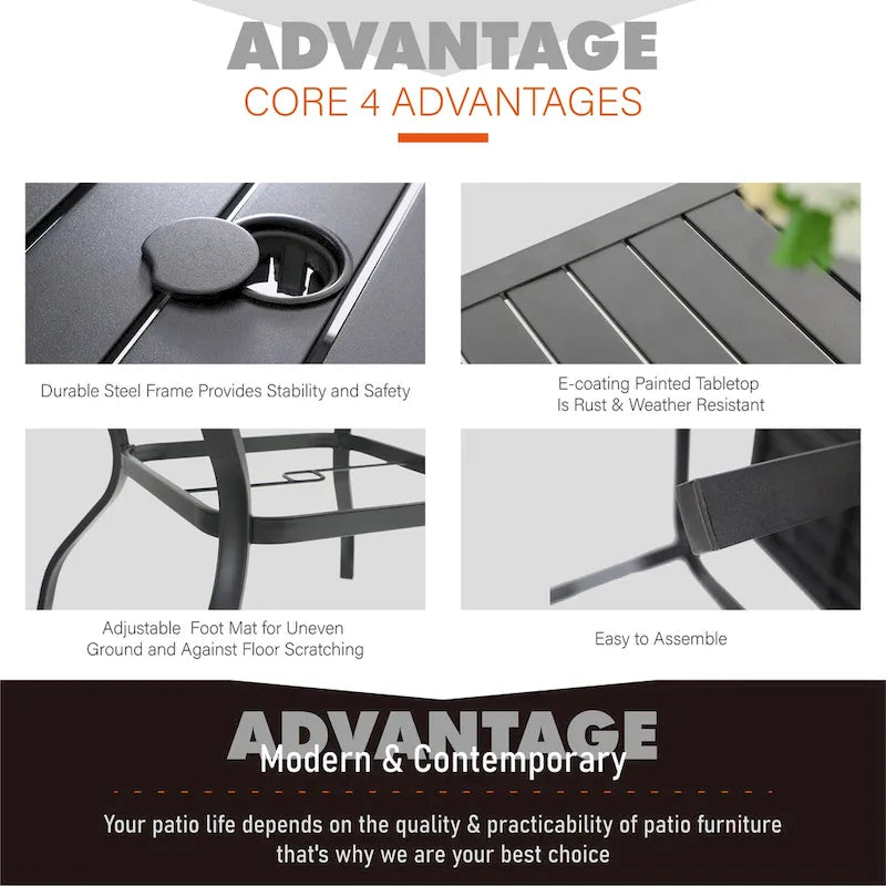 MAISON ARTS 5-Piece Outdoor Dining Set Steel Square Table & Elegant Cast Iron Pattern Dining Chairs
