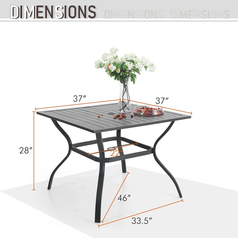 MAISON ARTS 5-Piece Outdoor Dining Set Steel Square Table & Elegant Cast Iron Pattern Dining Chairs