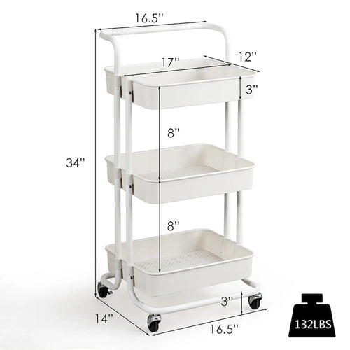 3-Tier Utility Cart Storage Rolling Cart with Casters