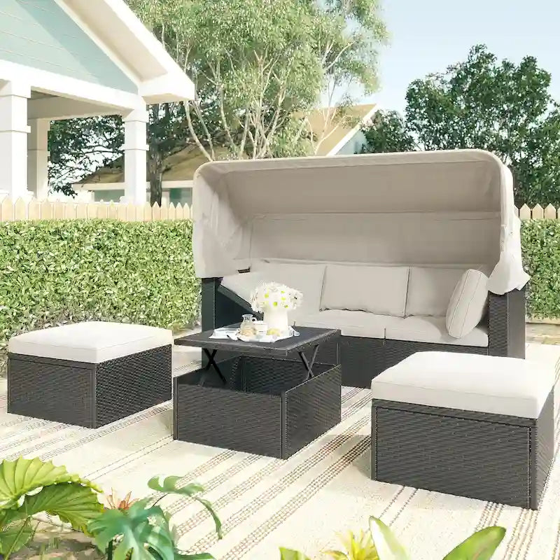 HOMEFUN Outdoor Rattan Wicker Patio Rectangle Daybed with Retractable Canopy