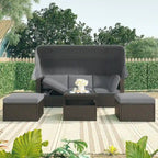 HOMEFUN Outdoor Rattan Wicker Patio Rectangle Daybed with Retractable Canopy