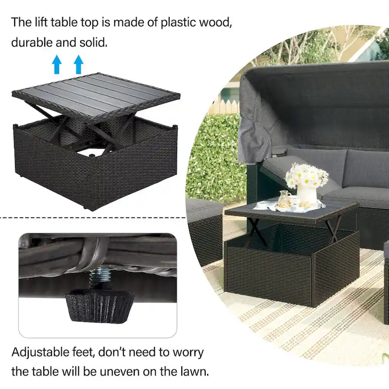 HOMEFUN Outdoor Rattan Wicker Patio Rectangle Daybed with Retractable Canopy