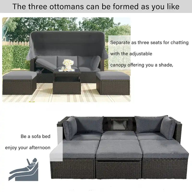HOMEFUN Outdoor Rattan Wicker Patio Rectangle Daybed with Retractable Canopy