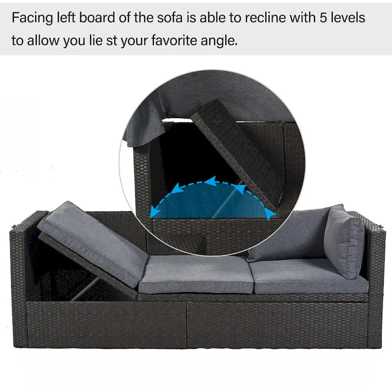 HOMEFUN Outdoor Rattan Wicker Patio Rectangle Daybed with Retractable Canopy