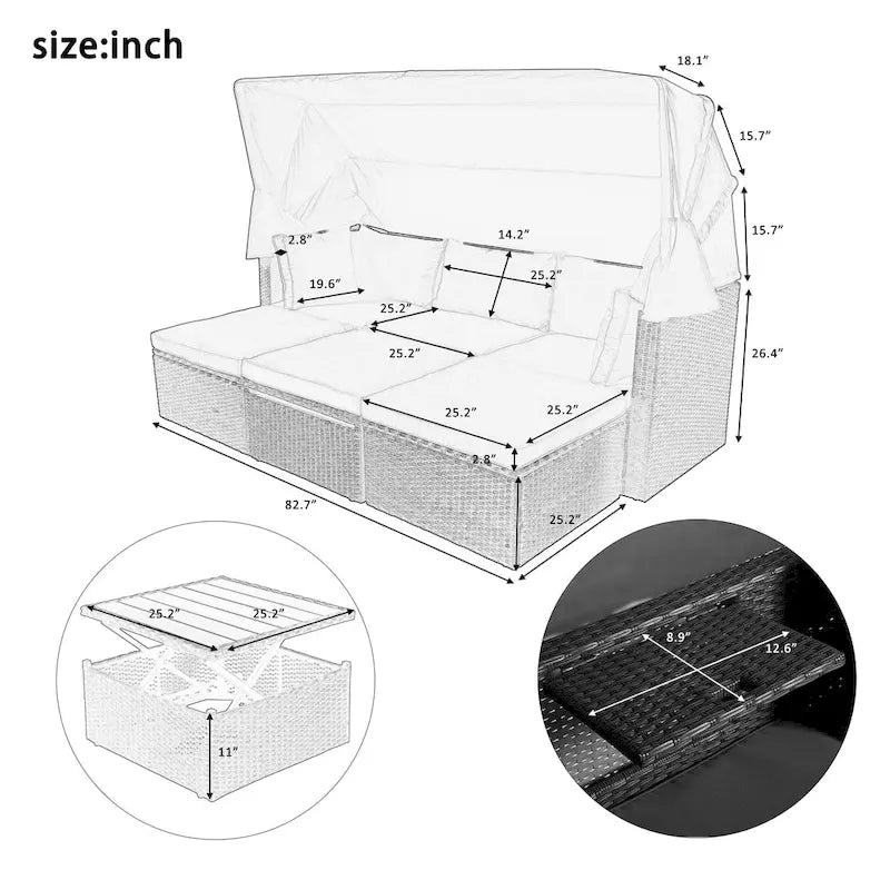 HOMEFUN Outdoor Rattan Wicker Patio Rectangle Daybed with Retractable Canopy