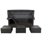 HOMEFUN Outdoor Rattan Wicker Patio Rectangle Daybed with Retractable Canopy