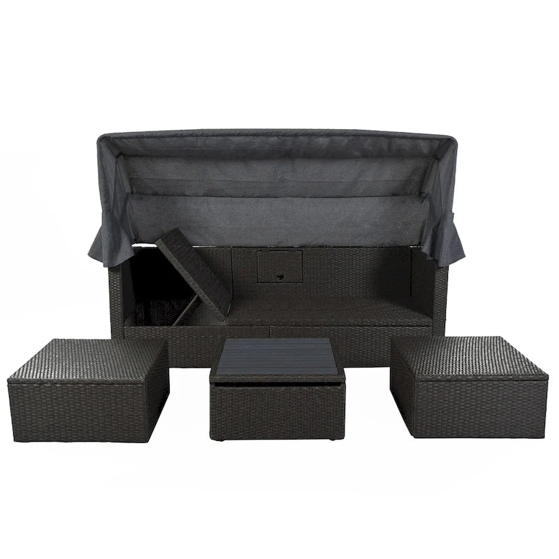 HOMEFUN Outdoor Rattan Wicker Patio Rectangle Daybed with Retractable Canopy