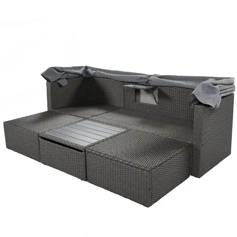 HOMEFUN Outdoor Rattan Wicker Patio Rectangle Daybed with Retractable Canopy