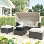 HOMEFUN Outdoor Rattan Wicker Patio Rectangle Daybed with Retractable Canopy