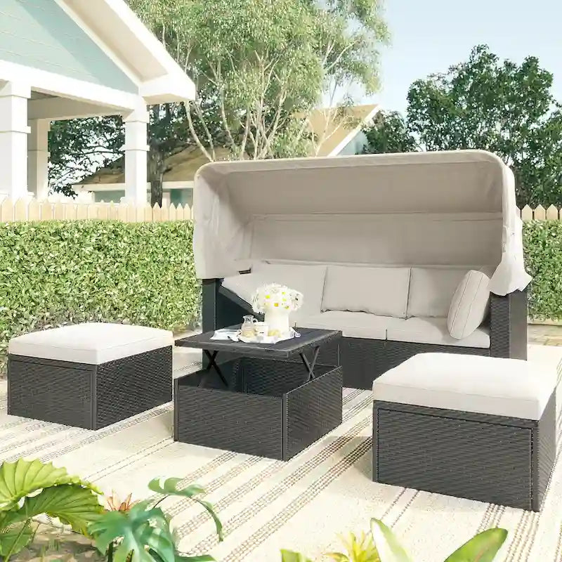 HOMEFUN Outdoor Rattan Wicker Patio Rectangle Daybed with Retractable Canopy