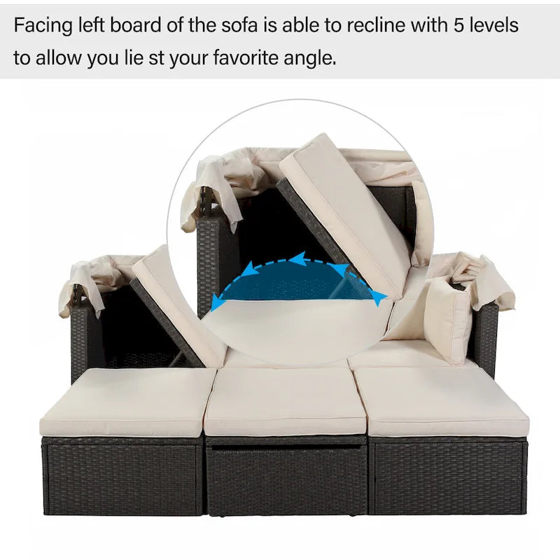 HOMEFUN Outdoor Rattan Wicker Patio Rectangle Daybed with Retractable Canopy