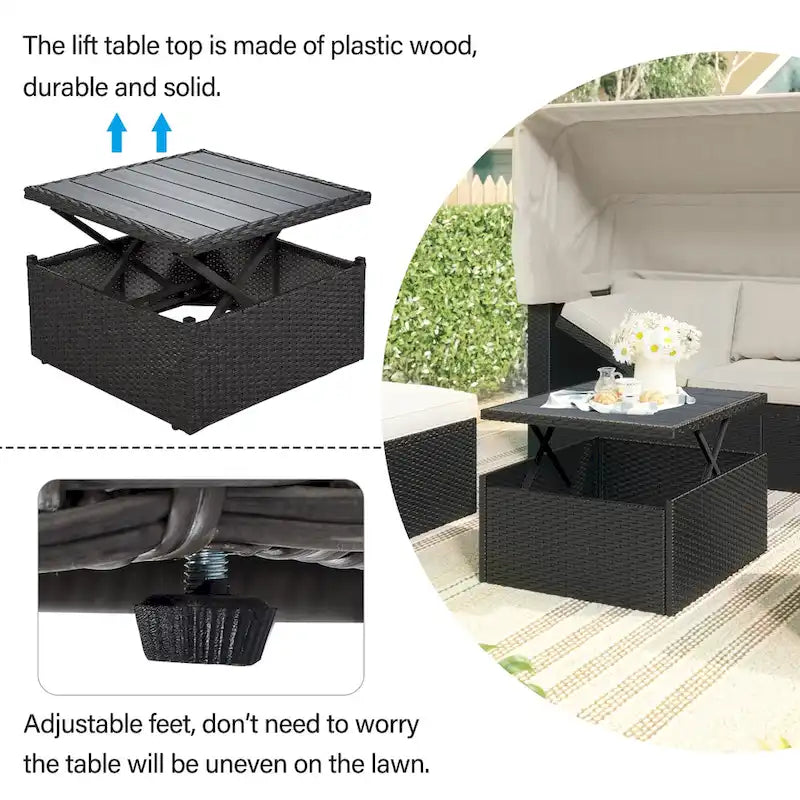 HOMEFUN Outdoor Rattan Wicker Patio Rectangle Daybed with Retractable Canopy
