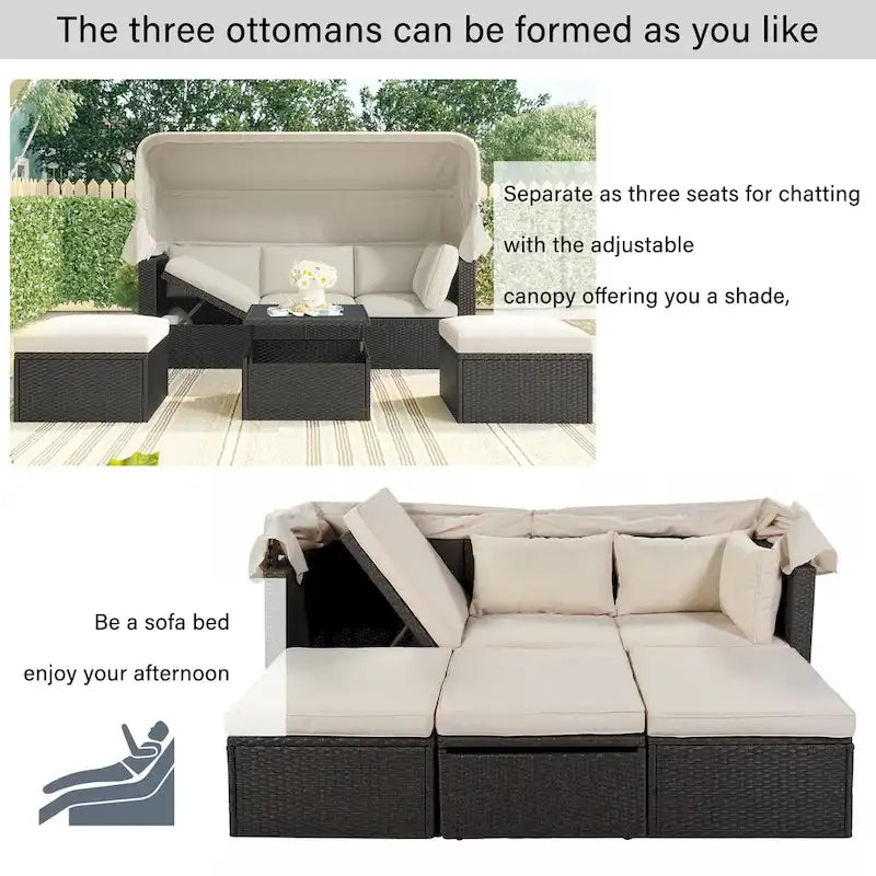 HOMEFUN Outdoor Rattan Wicker Patio Rectangle Daybed with Retractable Canopy