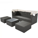 HOMEFUN Outdoor Rattan Wicker Patio Rectangle Daybed with Retractable Canopy