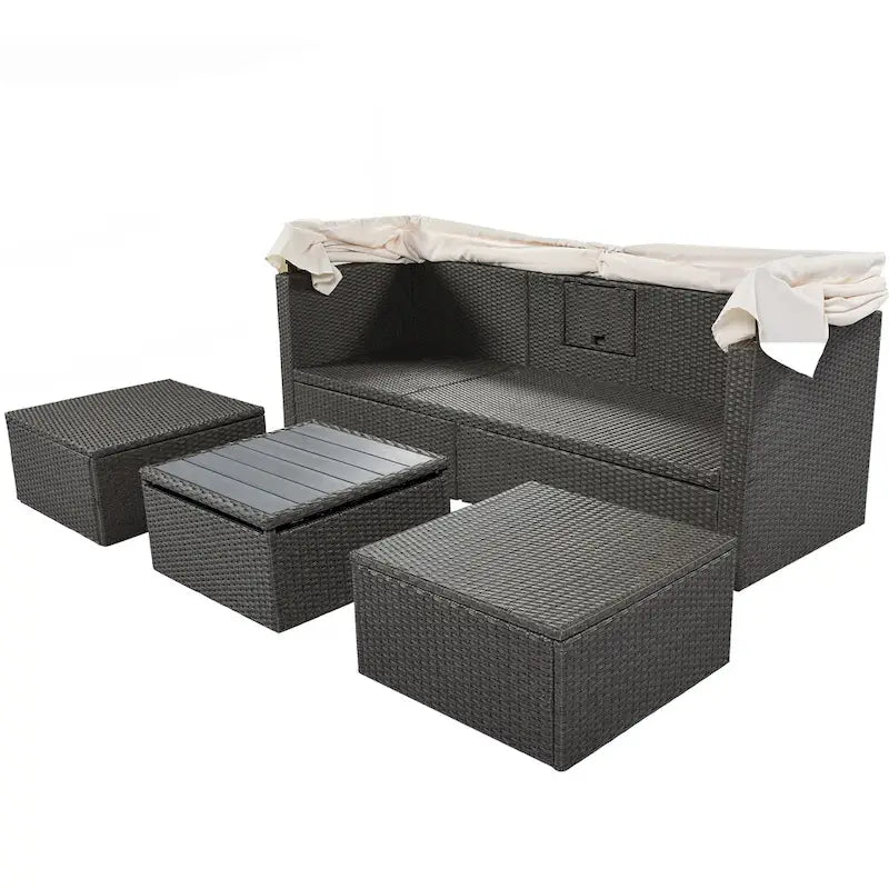 HOMEFUN Outdoor Rattan Wicker Patio Rectangle Daybed with Retractable Canopy