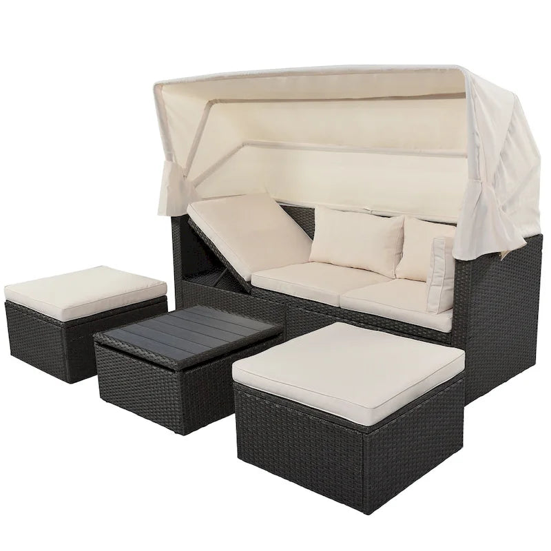HOMEFUN Outdoor Rattan Wicker Patio Rectangle Daybed with Retractable Canopy