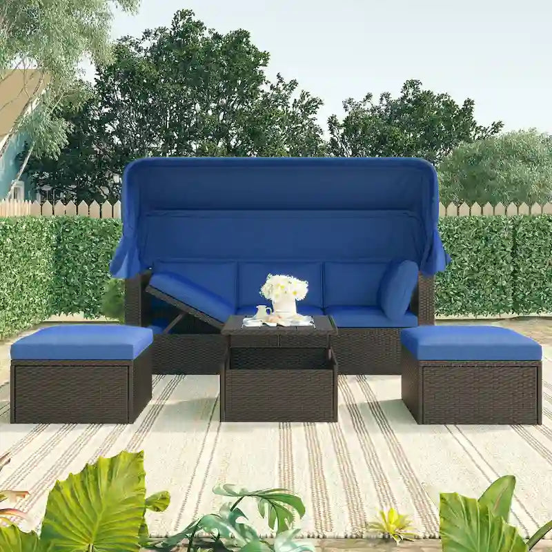 HOMEFUN Outdoor Rattan Wicker Patio Rectangle Daybed with Retractable Canopy