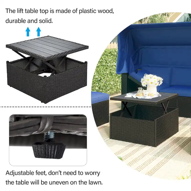 HOMEFUN Outdoor Rattan Wicker Patio Rectangle Daybed with Retractable Canopy
