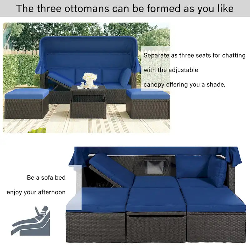 HOMEFUN Outdoor Rattan Wicker Patio Rectangle Daybed with Retractable Canopy