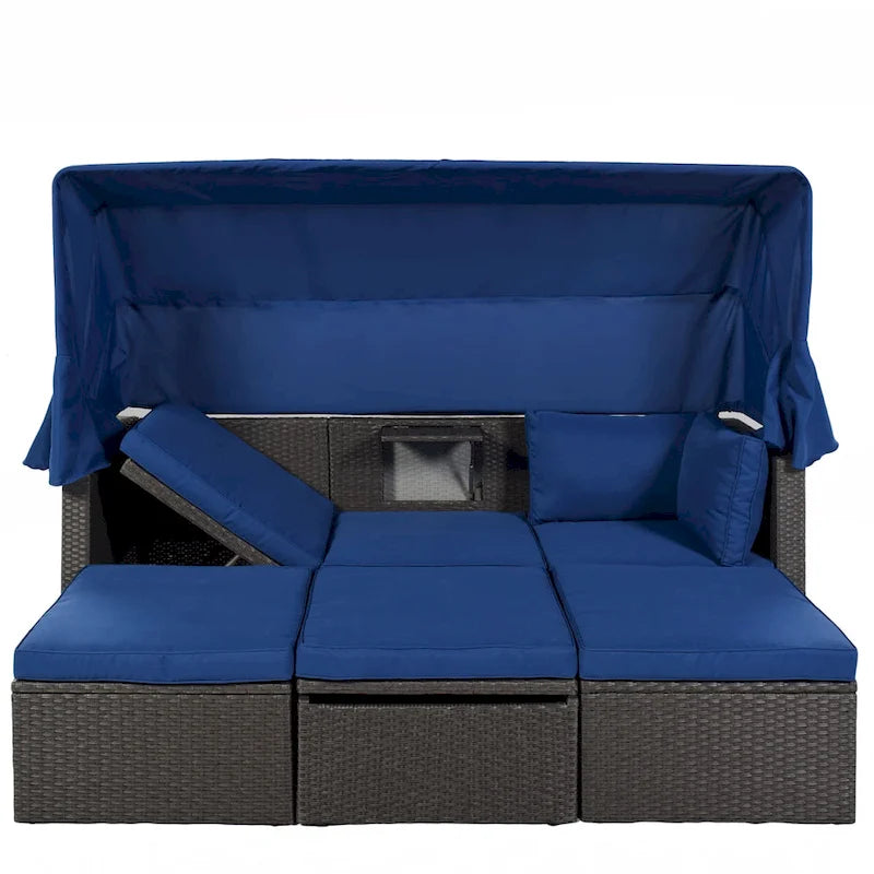 HOMEFUN Outdoor Rattan Wicker Patio Rectangle Daybed with Retractable Canopy