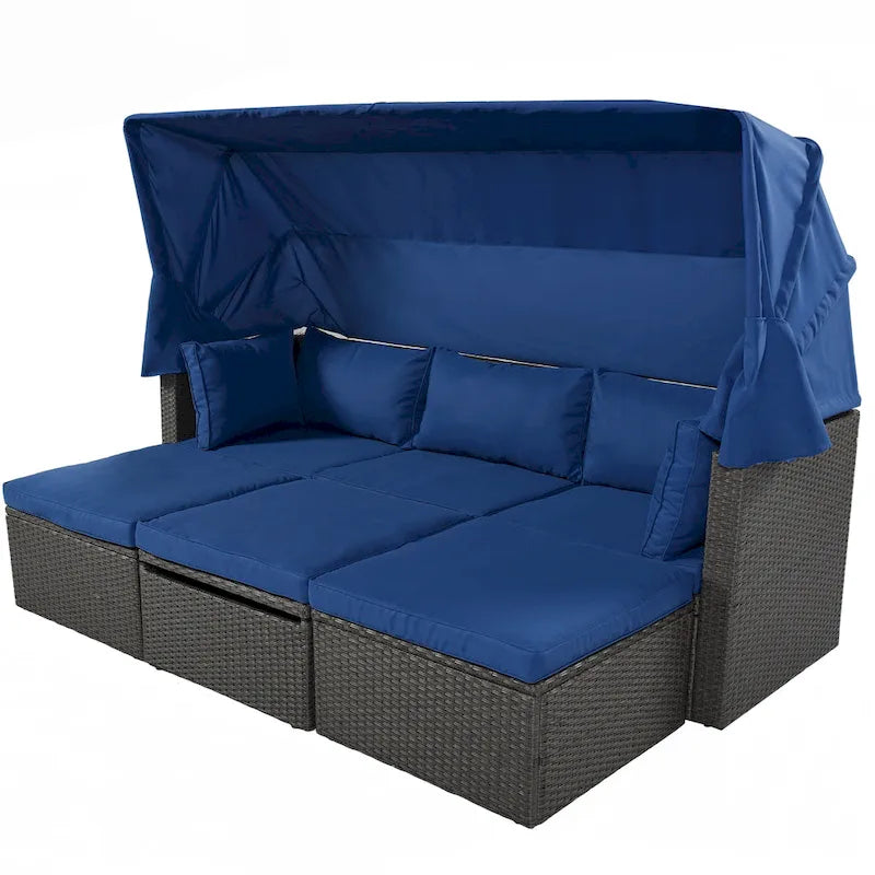 HOMEFUN Outdoor Rattan Wicker Patio Rectangle Daybed with Retractable Canopy