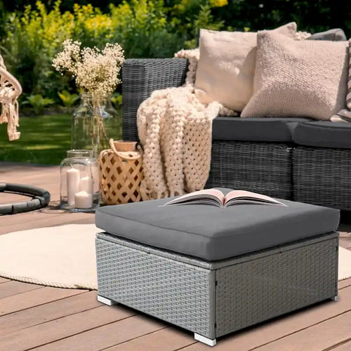 2 Pieces Outdoor Patio Rattan Grey Wicker Ottoman Cushioned Seat