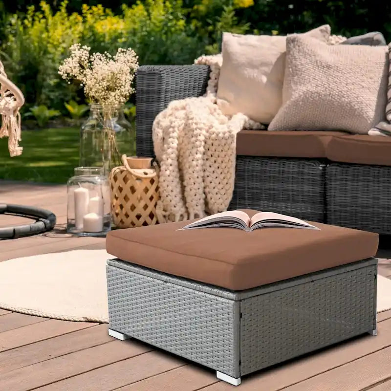 2 Pieces Outdoor Patio Rattan Grey Wicker Ottoman Cushioned Seat