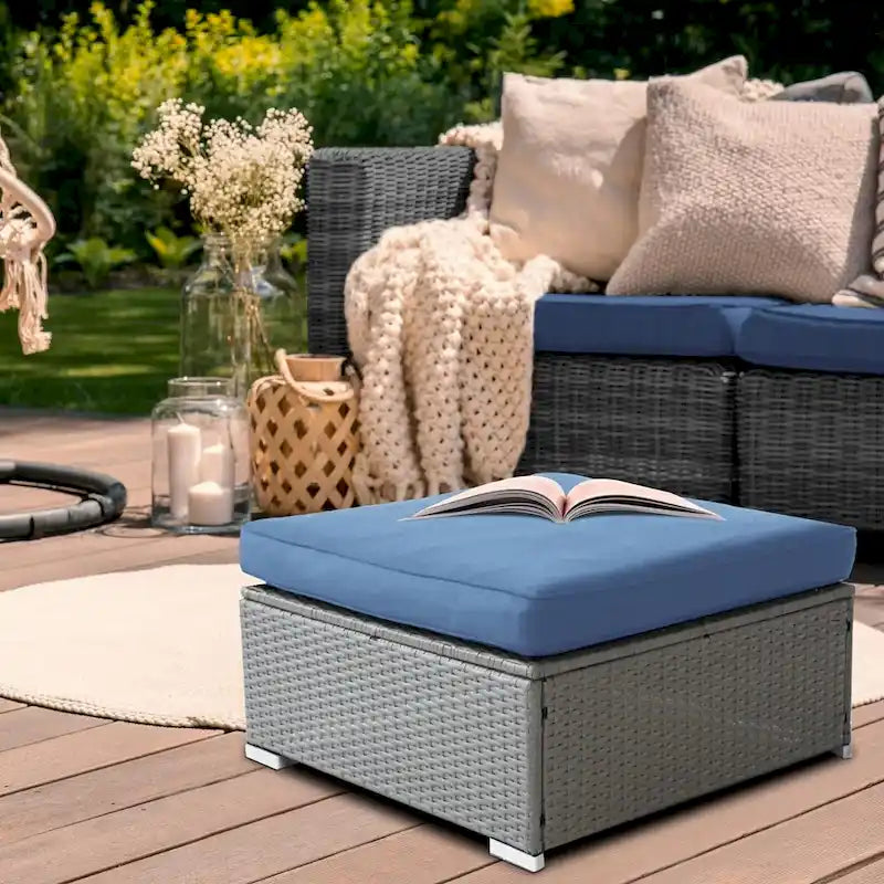 2 Pieces Outdoor Patio Rattan Grey Wicker Ottoman Cushioned Seat