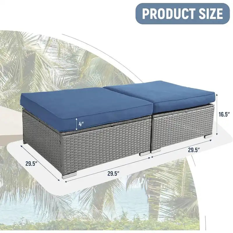 2 Pieces Outdoor Patio Rattan Grey Wicker Ottoman Cushioned Seat