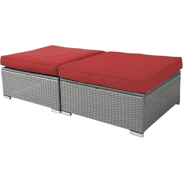 2 Pieces Outdoor Patio Rattan Grey Wicker Ottoman Cushioned Seat