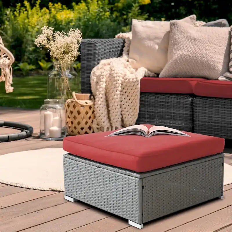 2 Pieces Outdoor Patio Rattan Grey Wicker Ottoman Cushioned Seat