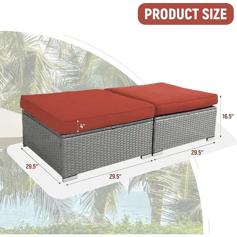 2 Pieces Outdoor Patio Rattan Grey Wicker Ottoman Cushioned Seat
