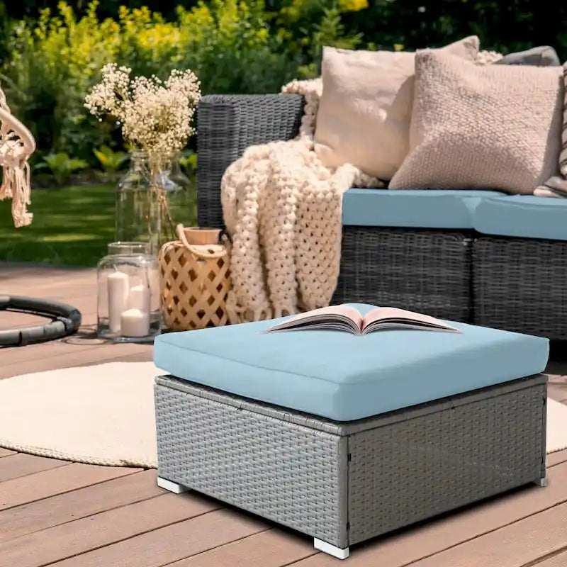 2 Pieces Outdoor Patio Rattan Grey Wicker Ottoman Cushioned Seat