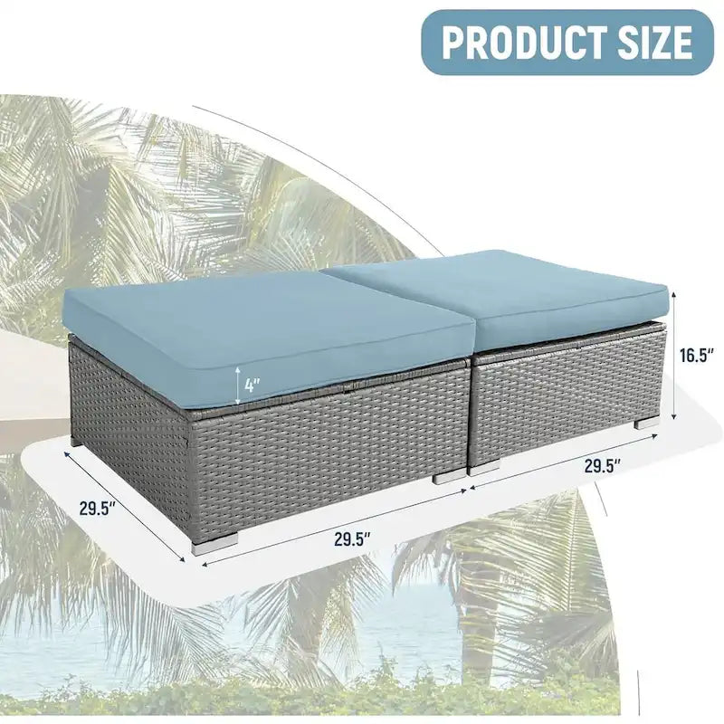 2 Pieces Outdoor Patio Rattan Grey Wicker Ottoman Cushioned Seat