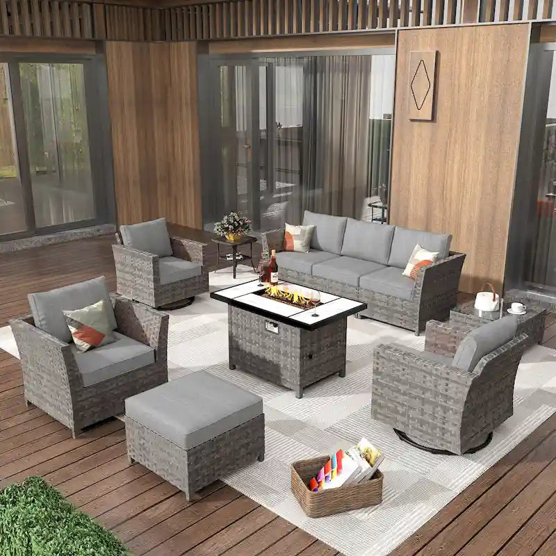 HOOOWOOO 10-piece Wicker Patio Furniture Outdoor Sectional Sofa Set with Fire Pit