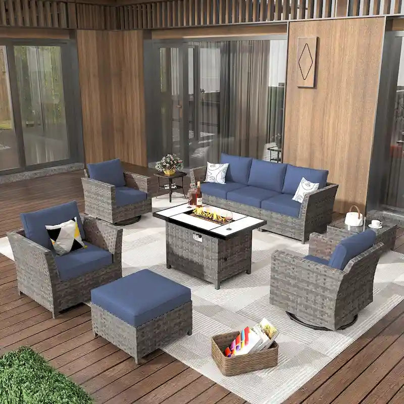 HOOOWOOO 10-piece Wicker Patio Furniture Outdoor Sectional Sofa Set with Fire Pit