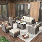 HOOOWOOO 10-piece Wicker Patio Furniture Outdoor Sectional Sofa Set with Fire Pit
