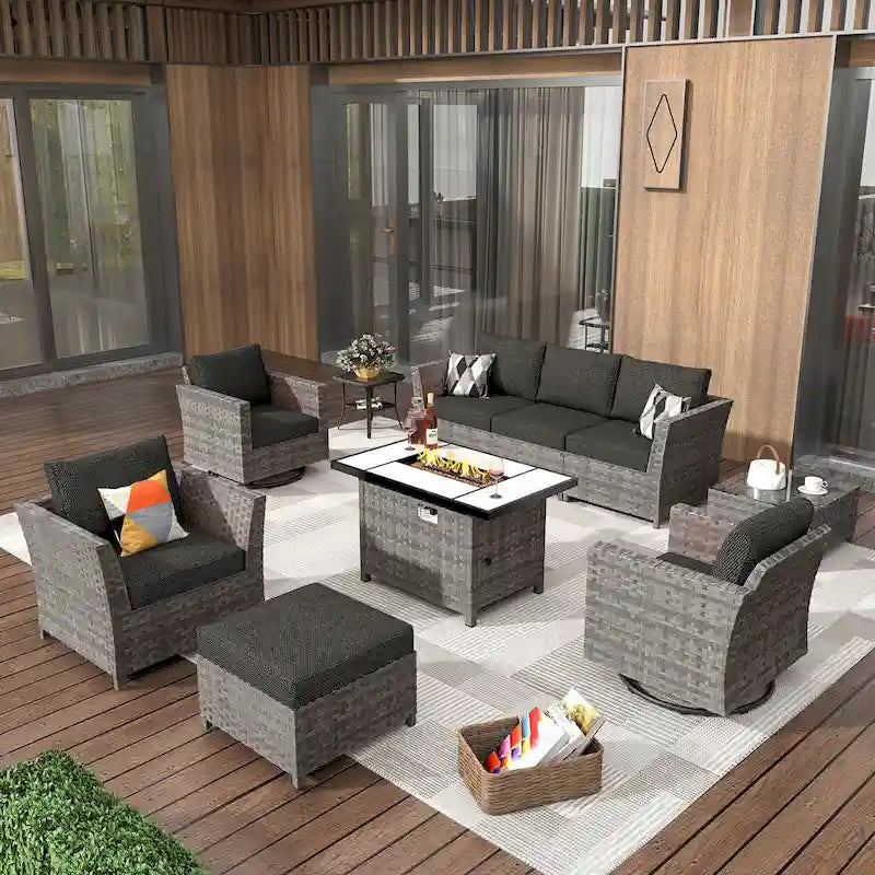 HOOOWOOO 10-piece Wicker Patio Furniture Outdoor Sectional Sofa Set with Fire Pit