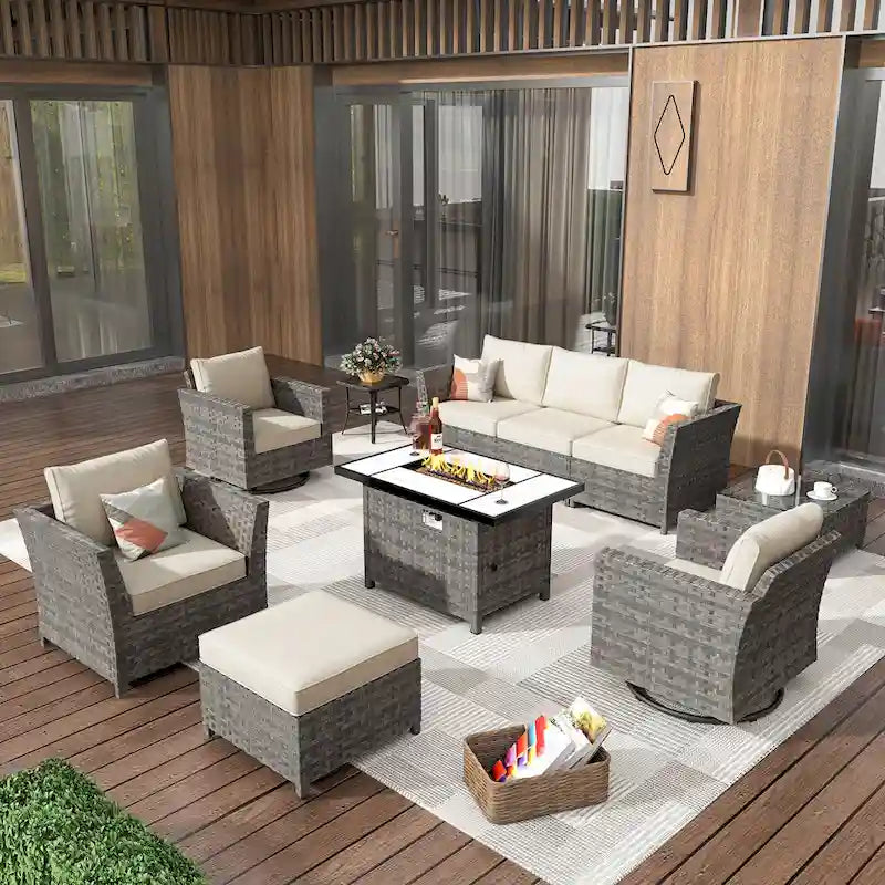 HOOOWOOO 10-piece Wicker Patio Furniture Outdoor Sectional Sofa Set with Fire Pit
