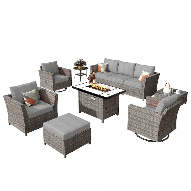 HOOOWOOO 10-piece Wicker Patio Furniture Outdoor Sectional Sofa Set with Fire Pit