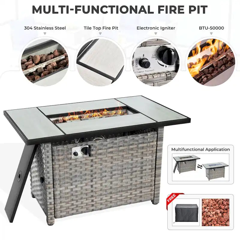 HOOOWOOO 10-piece Wicker Patio Furniture Outdoor Sectional Sofa Set with Fire Pit