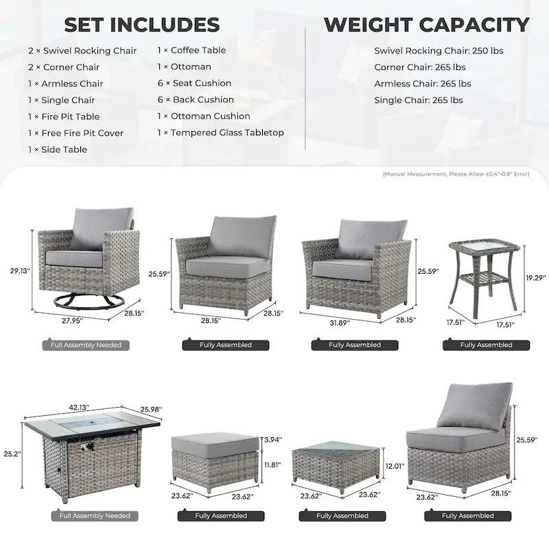 HOOOWOOO 10-piece Wicker Patio Furniture Outdoor Sectional Sofa Set with Fire Pit