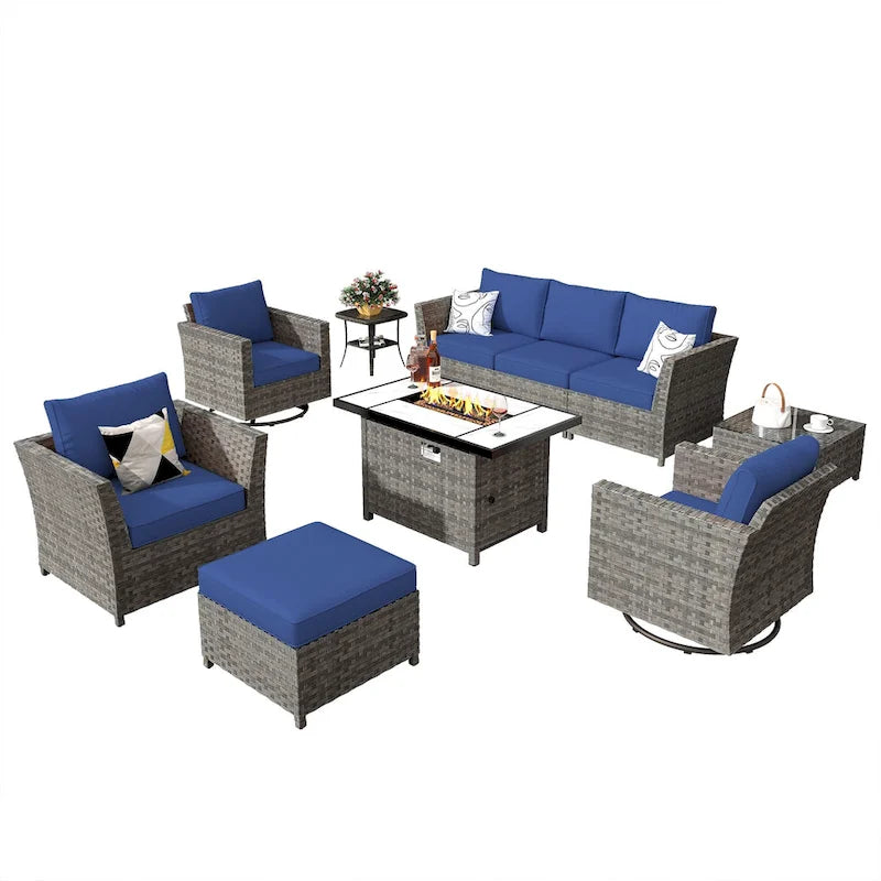 HOOOWOOO 10-piece Wicker Patio Furniture Outdoor Sectional Sofa Set with Fire Pit